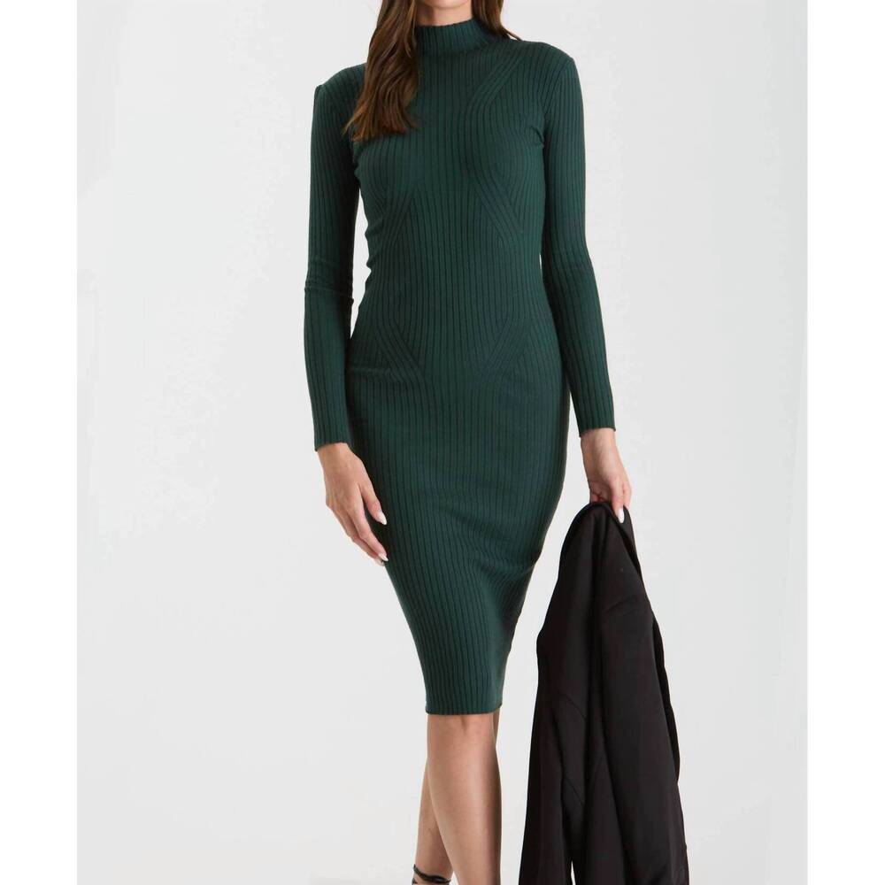 NEW THE WORKSHOP STUDIO mock neck long sleeve sweater knit midi dress in hunter